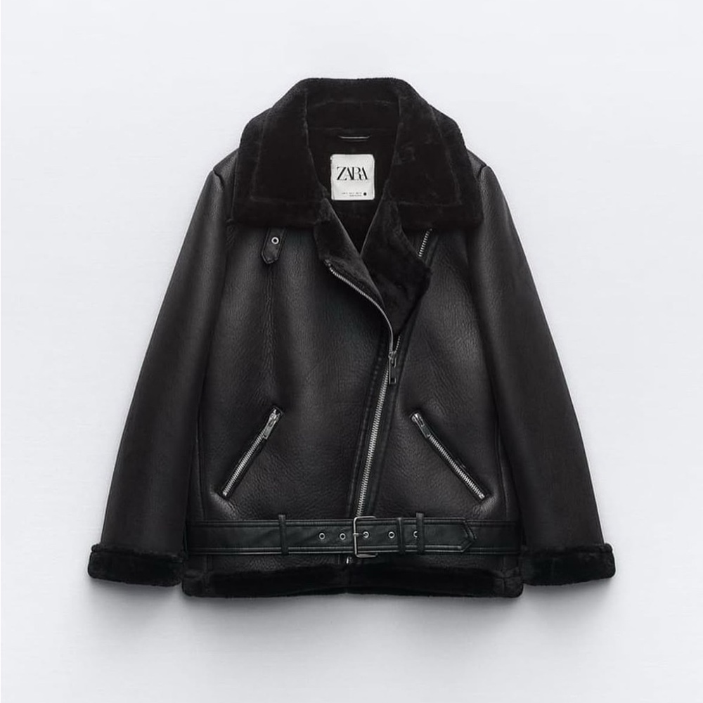 Zara Black Leather Biker Jacket with Fur Lining
